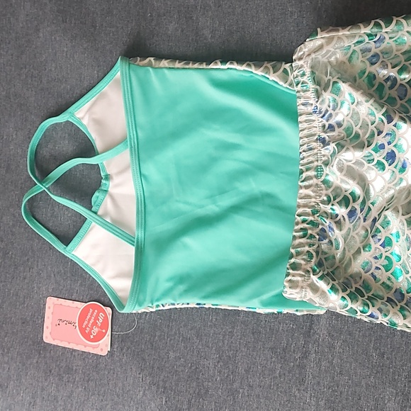 FLOATIMINI Mermaid Scale Kids Swim Suit & Cover Up - Teal and White - Picture 6 of 9